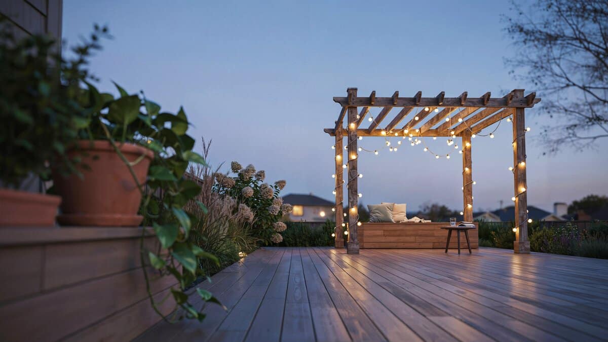 Freestanding pergola on a backyard deck wrapped in glowing string lights at dusk