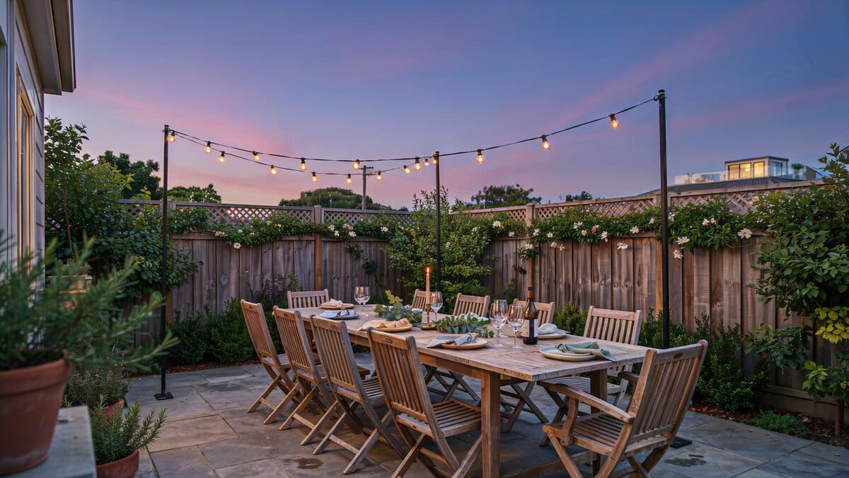 Long outdoor dining table under lights hanging from tall wood poles