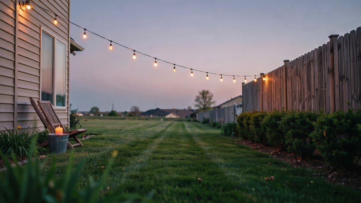 String lights strung from a house to the fence over a green backyard lawn