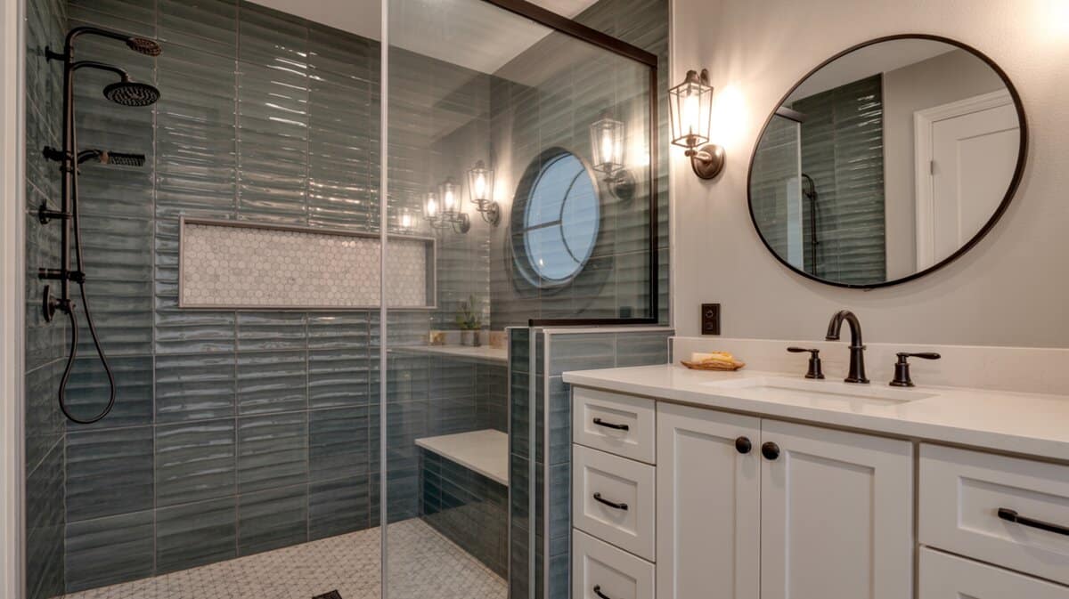 Bathroom with dark gray textured wave tile shower, white shaker vanity, and round black-framed mirror