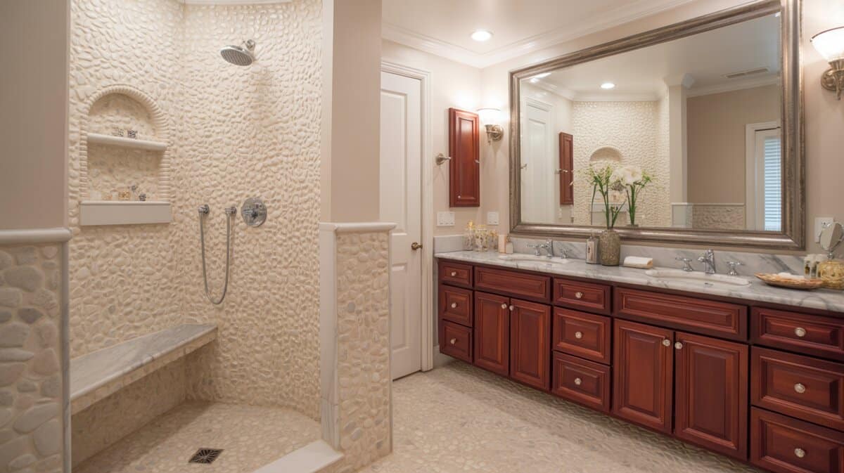 Bathroom with pebble mosaic tile shower, marble built-in bench, and dark cherry wood double vanity