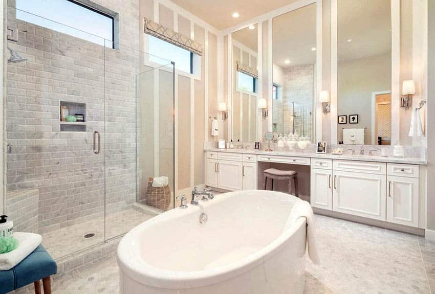 Bathroom with high ceilings walk in shower with corner bench and dual vanity