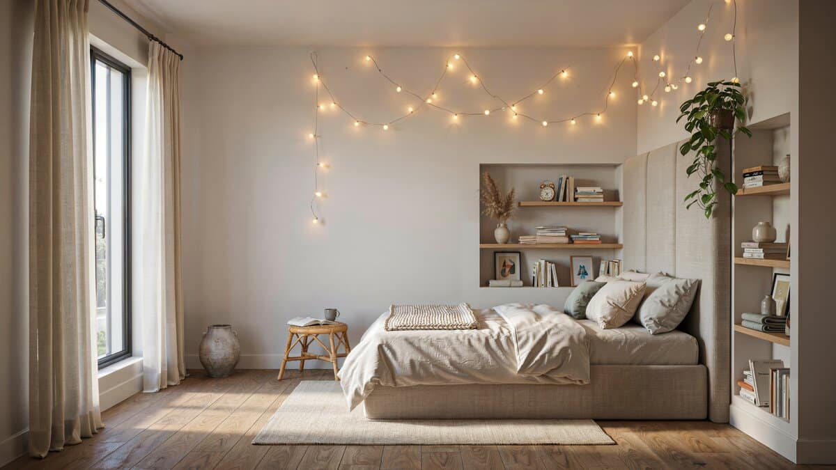 Bedroom ceiling string lights above a bed with built in shelving and storage