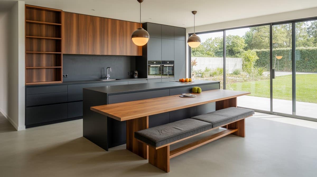 Ornate dark cherry kitchen with carved island columns, red countertop, and long matching bench along one side