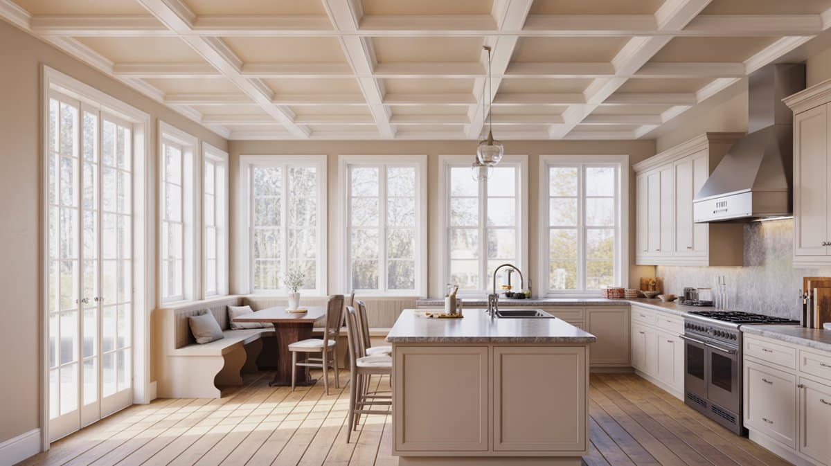 Bright white kitchen with painted box beam ceiling, banquette nook and tall windows
