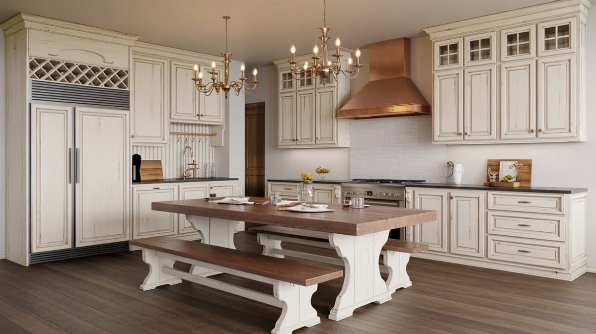 Distressed cream French country kitchen with copper range hood and rustic farmhouse table with benches on both sides