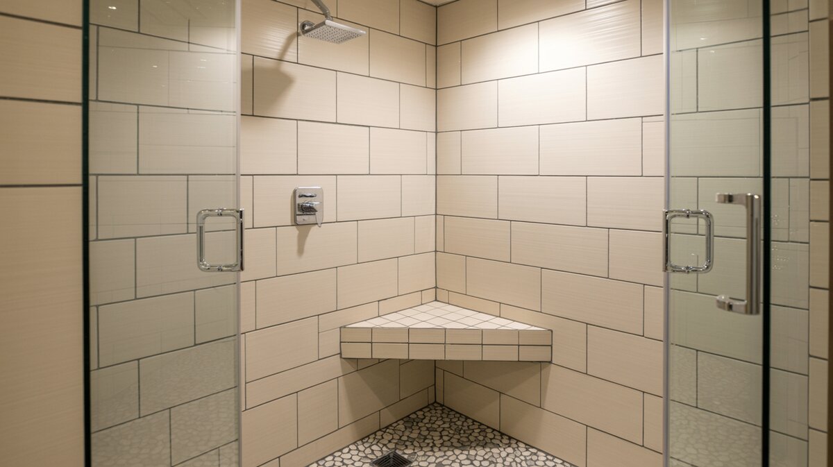 Compact shower enclosure with cream vertical tiles and small tiled corner ledge bench