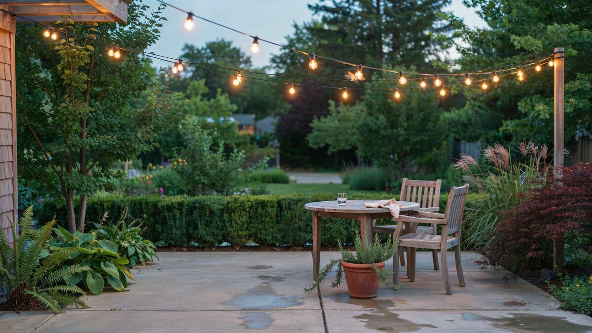 Small patio dining set surrounded by lush landscaping under warm bulb lights