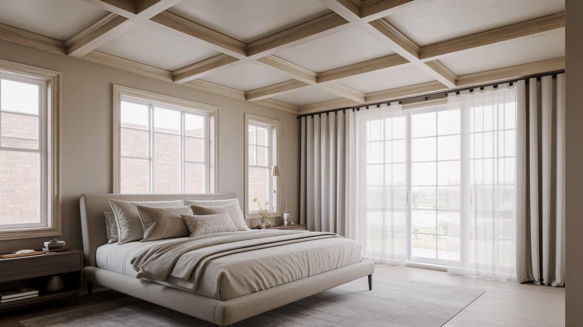 Calm contemporary bedroom with light faux wood coffered ceiling and upholstered platform bed