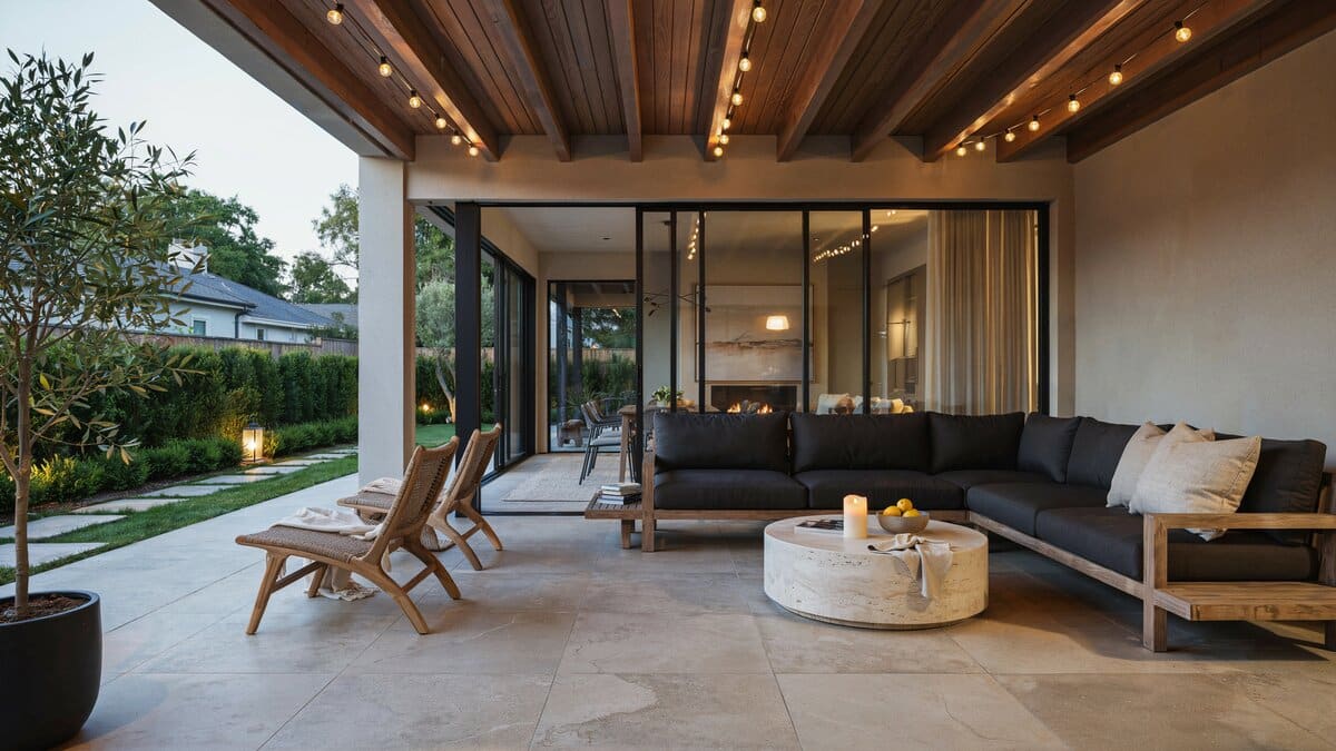 Modern covered patio with lights along the wood ceiling above a gray sofa
