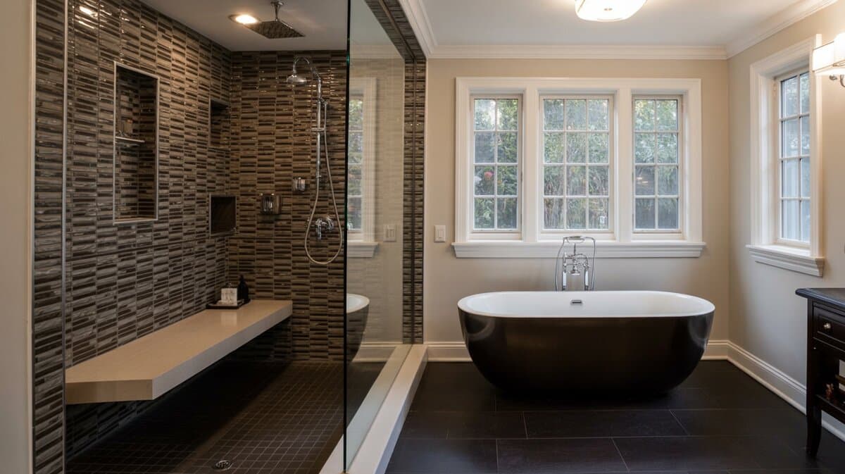 Contemporary bathroom with dark stacked mosaic tile shower, corner bench, and black freestanding soaking tub