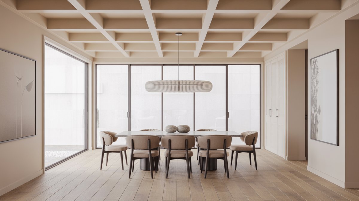 Modern dining room with warm box beam grid ceiling and long linear pendant