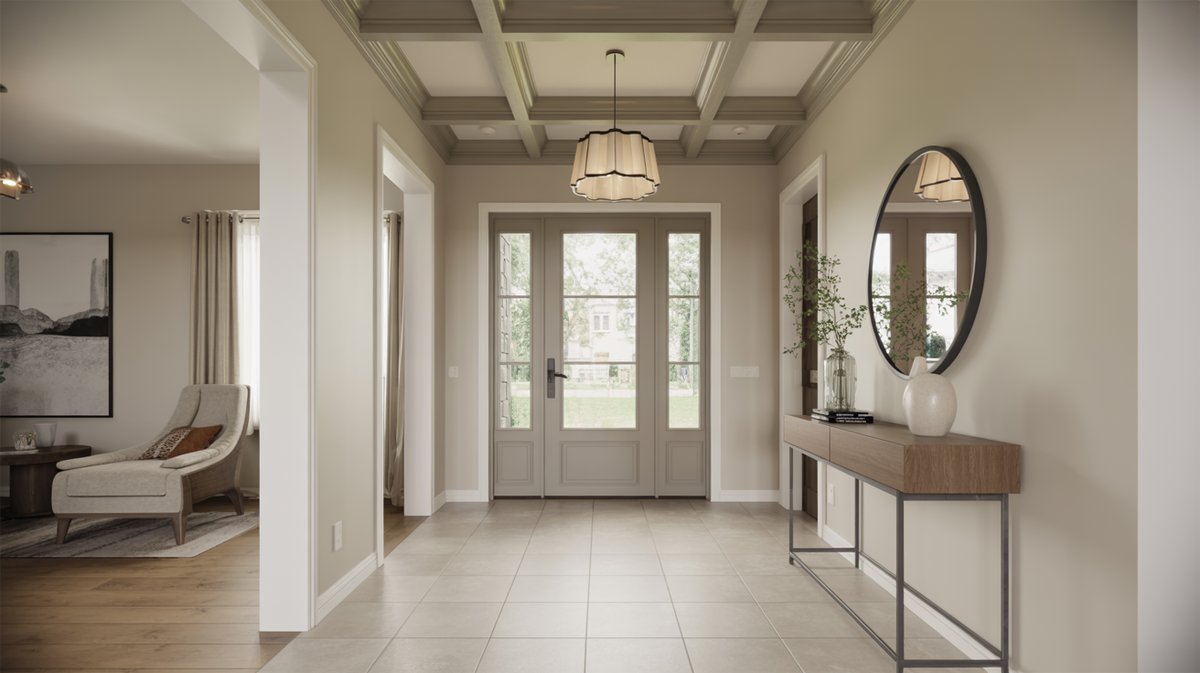 Contemporary foyer with greige coffered box beam ceiling, console table and round mirror