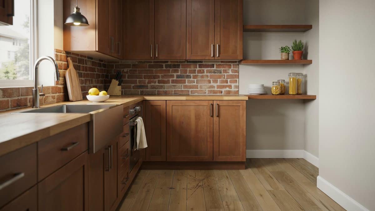 Brown solid wood cabinets set against a brick tile backsplash and light wood floors