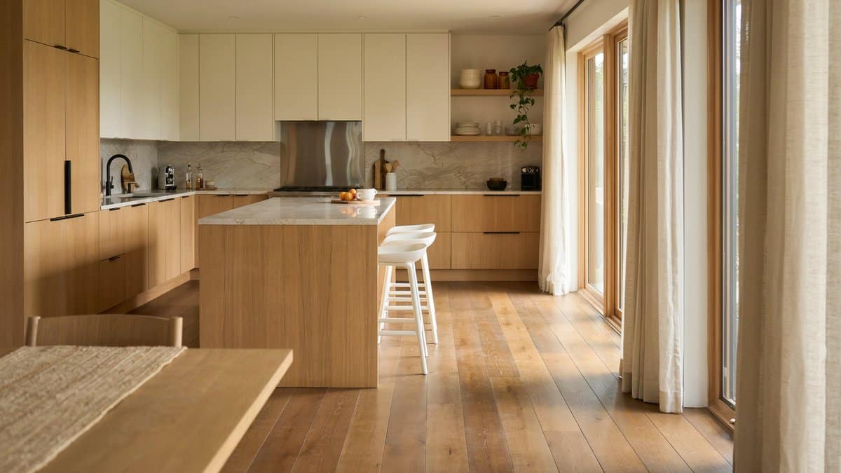 Solid wood cabinets and a quartz island with white stools over warm wood flooring