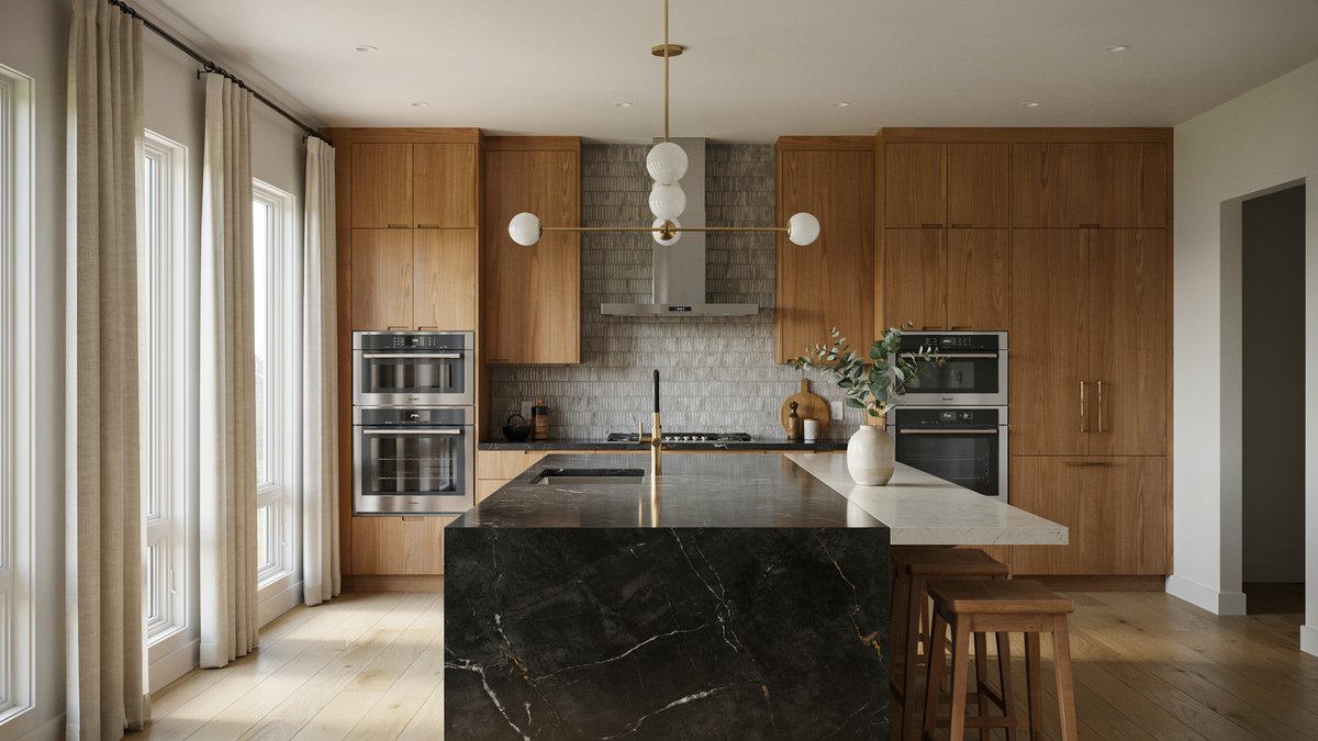 Walnut solid wood cabinets with a gray backsplash, quartz breakfast bar and granite island