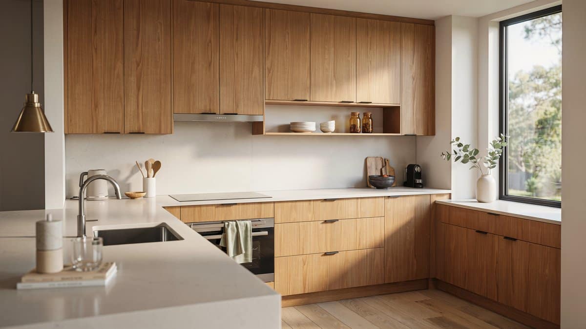 Contemporary wood grain MDF cabinets paired with a bright white quartz countertop