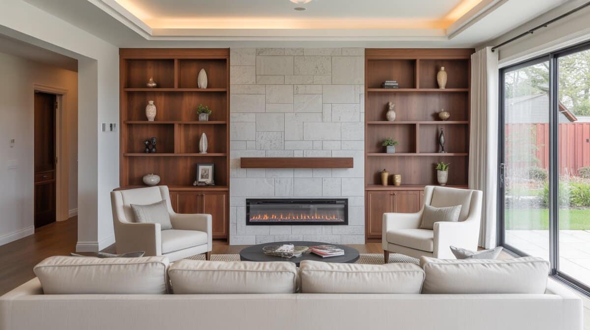 Contemporary living room with a stone tile fireplace flanked by walnut built-in shelving