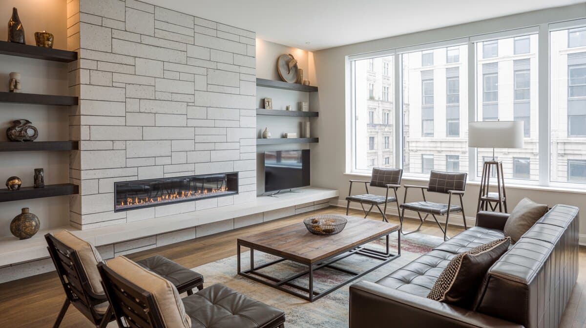 Urban living room with light gray stacked stone fireplace wall and floating dark shelves