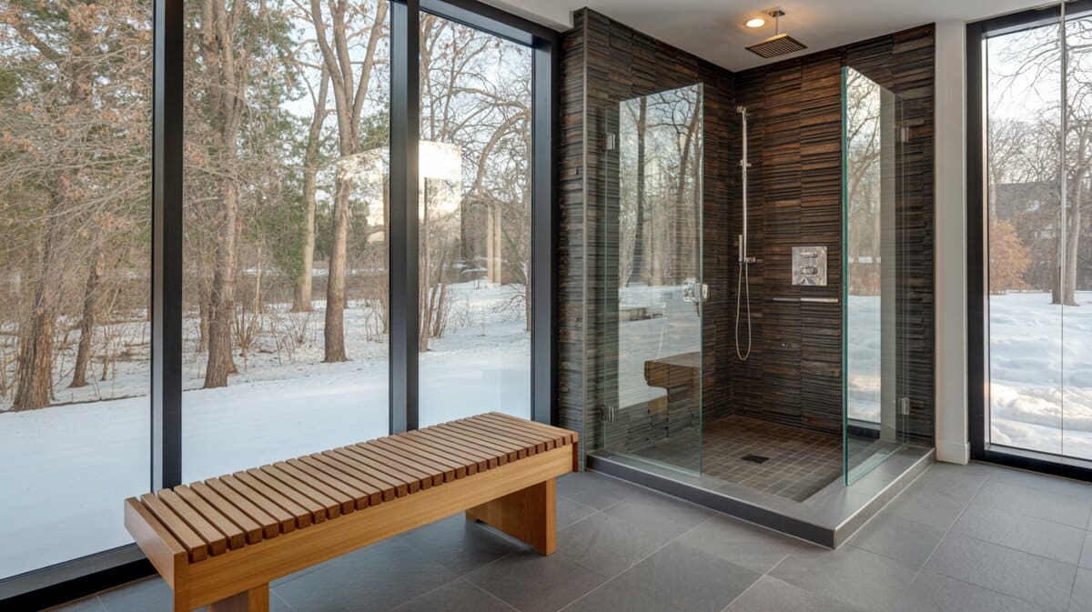 Contemporary spa bathroom with dark stacked stone tile shower and natural teak wood bench placed outside