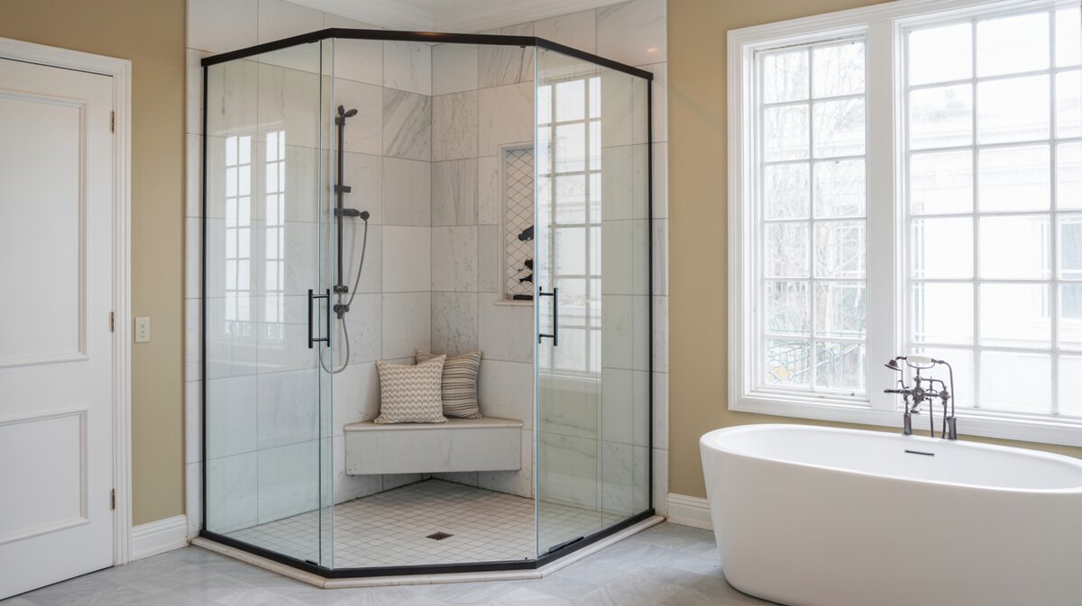 Corner shower with angled frameless glass doors, marble built-in bench, and round soaking tub nearby