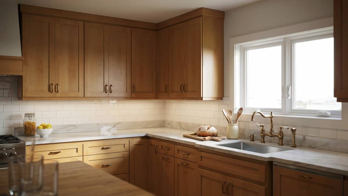 Country oak cabinets with white subway tile backsplash and glowing under cabinet lighting