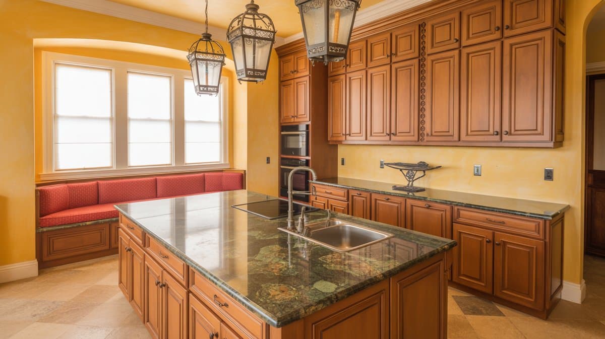 Honey wood Mediterranean kitchen with granite island and red upholstered window bench seating under tall windows