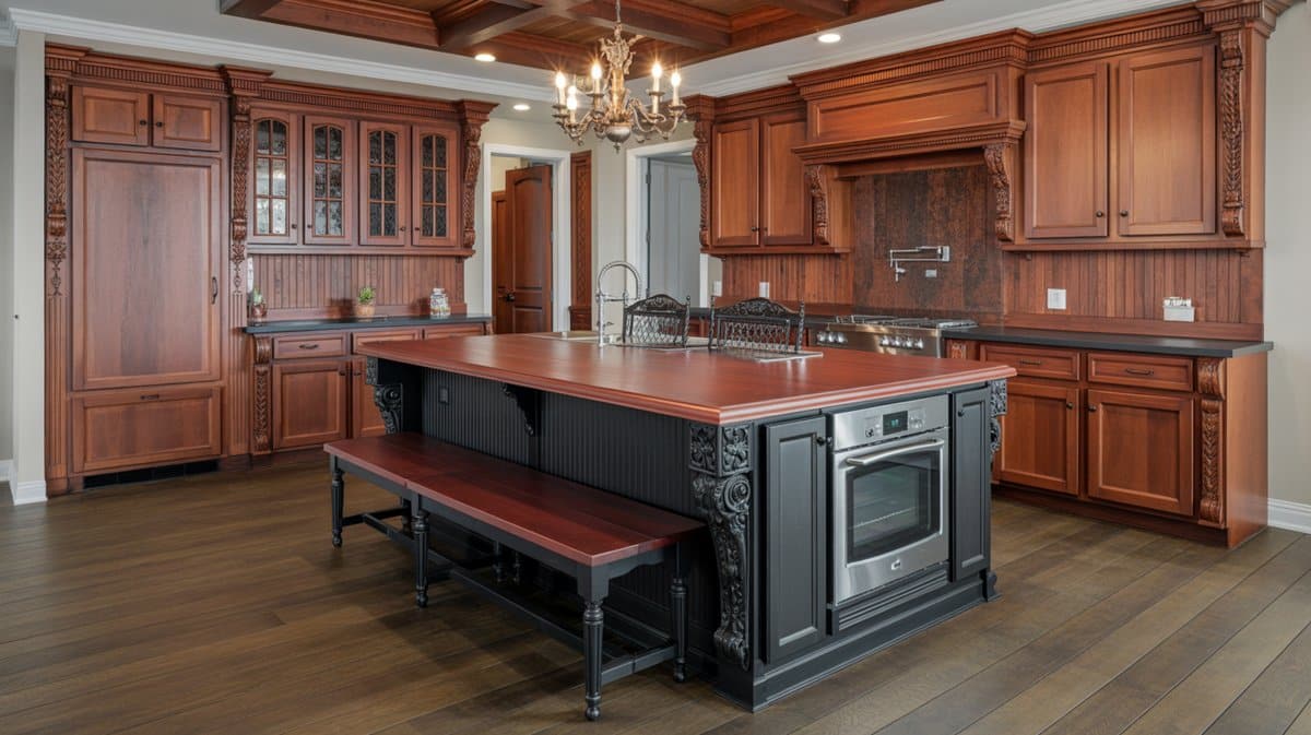 Modern charcoal island kitchen with walnut veneer shelving, long wood dining extension, and gray upholstered bench