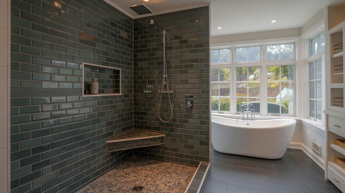 Walk-in shower with dark charcoal slate subway tiles, corner bench, and pebble mosaic floor
