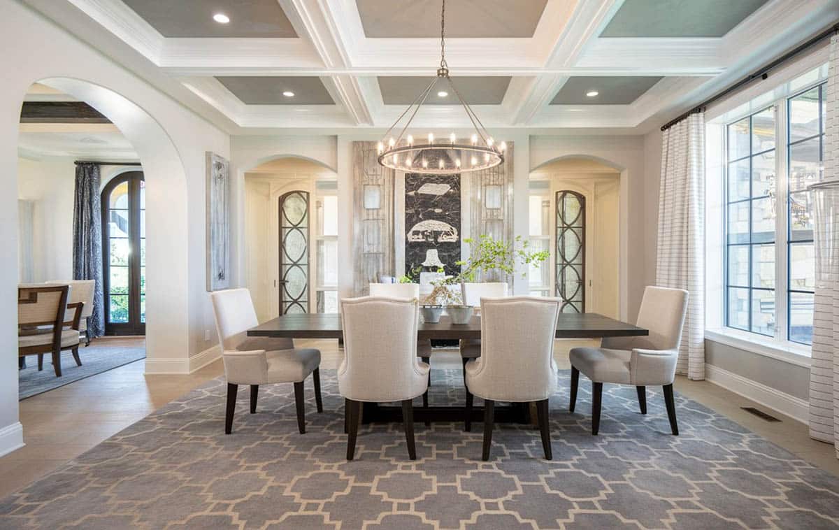Dining room with white coffered ceiling and gray paint