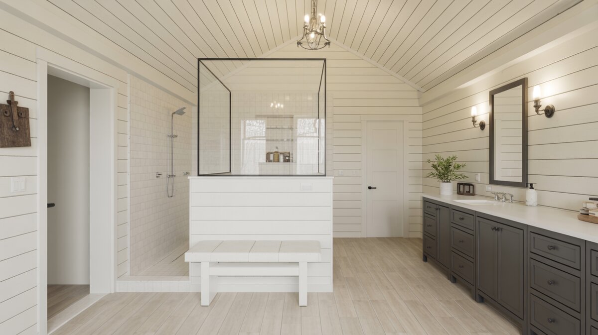 Farmhouse bathroom with white shiplap vaulted ceiling and open shower with white quartz pony wall bench