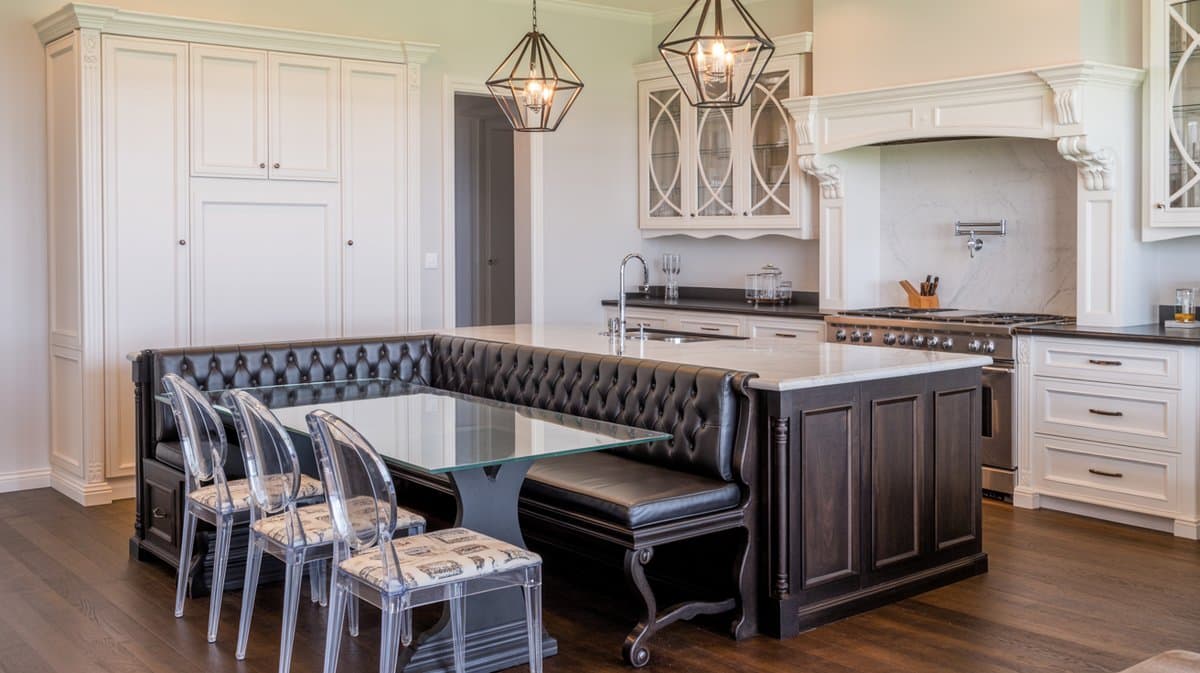 Grand white kitchen with dark espresso island, L-shaped tufted black leather bench, and geometric diamond pendant lights