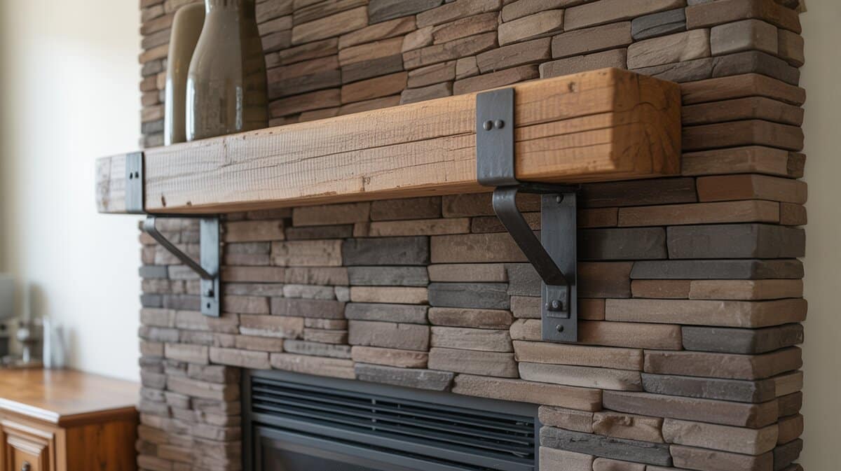Dark brown layered stacked stone fireplace surround with a reclaimed wood beam mantel