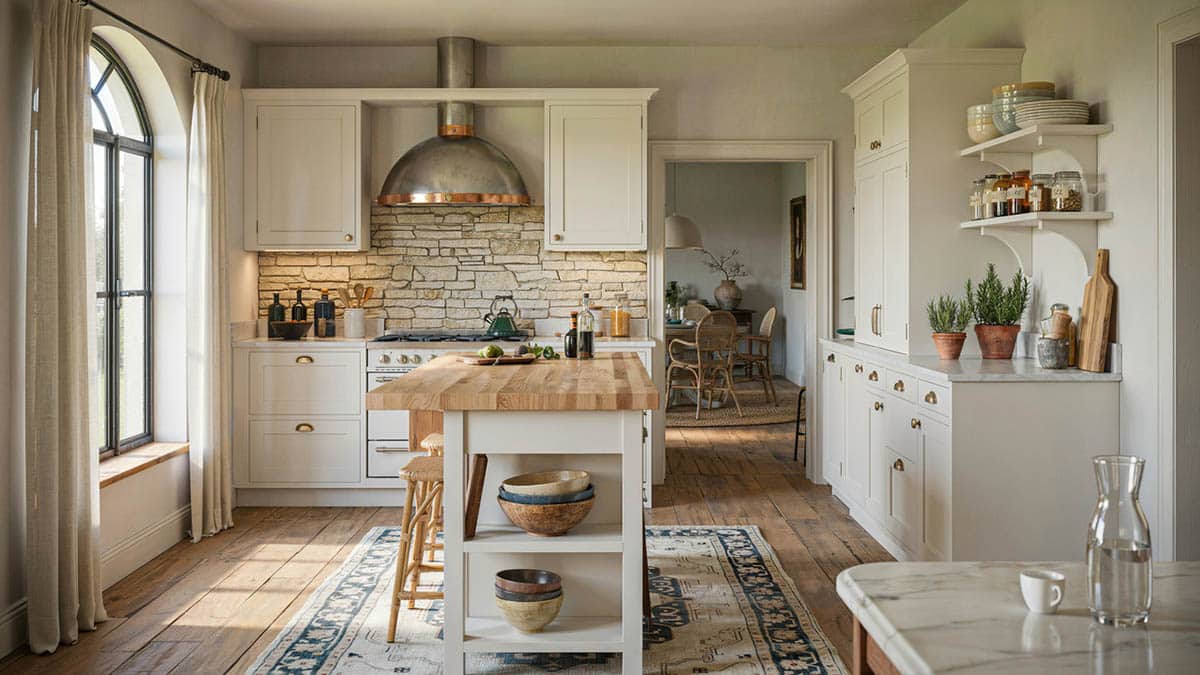 French country kitchen with rough-cut stone backsplash, copper hood, and butcher block island