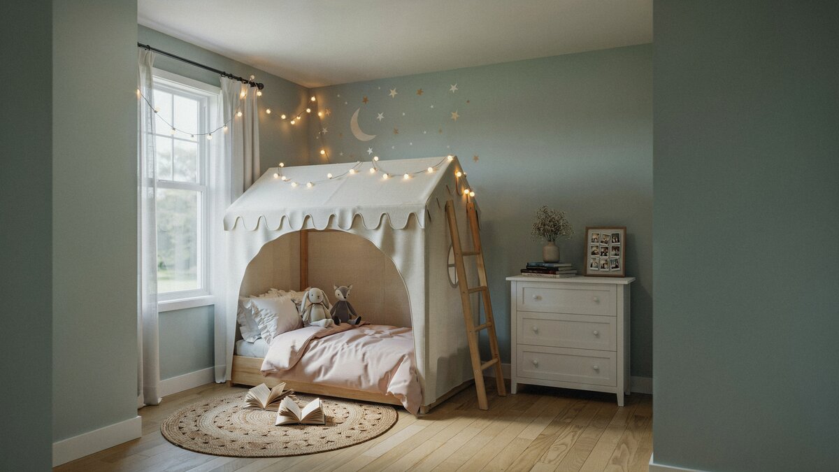 Girls bedroom with a canopy clubhouse bed and soft fairy lights above