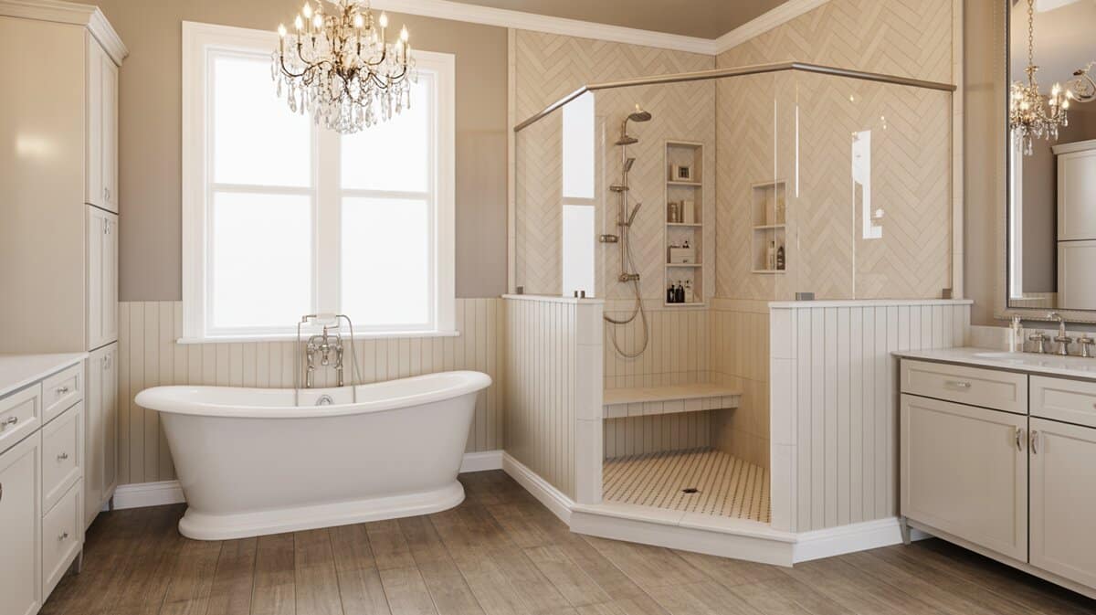 Glamorous master bathroom with crystal chandelier, beige herringbone tile corner shower, and built-in bench