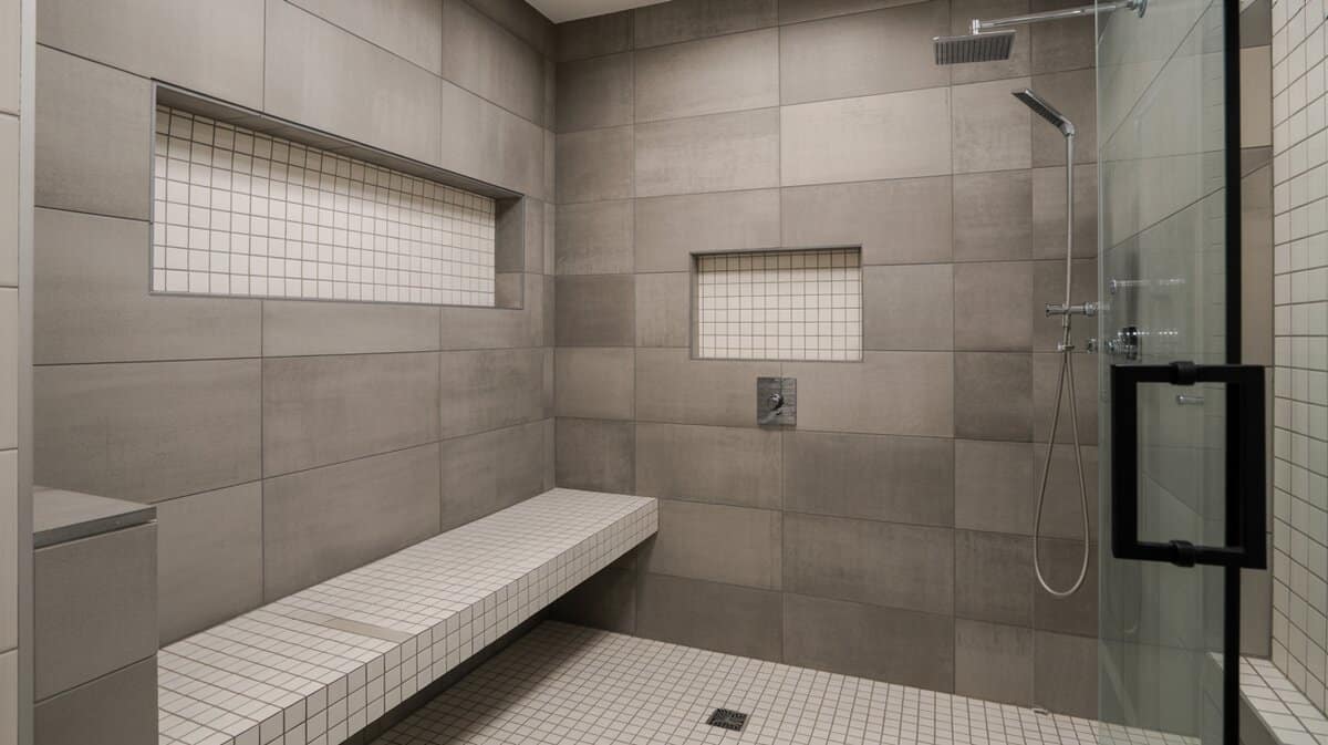 Walk-in shower with large gray concrete-look tiles and white tiled floating bench along side wall