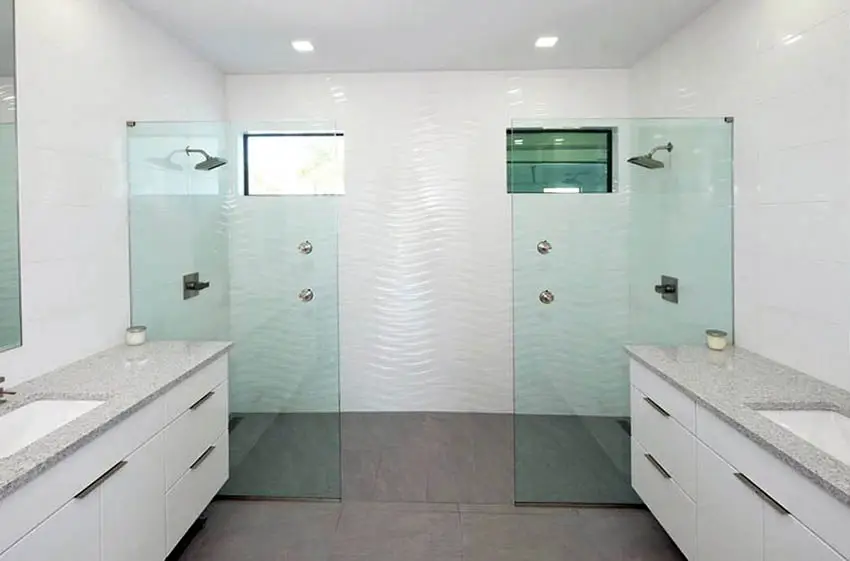 His and hers showers with no door and glass partitions
