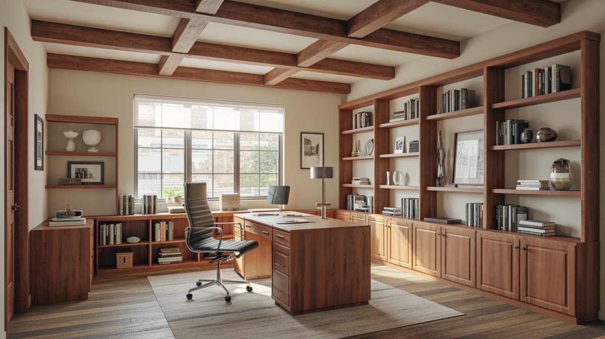 Warm home office with natural wood box beam ceiling and built in bookshelves