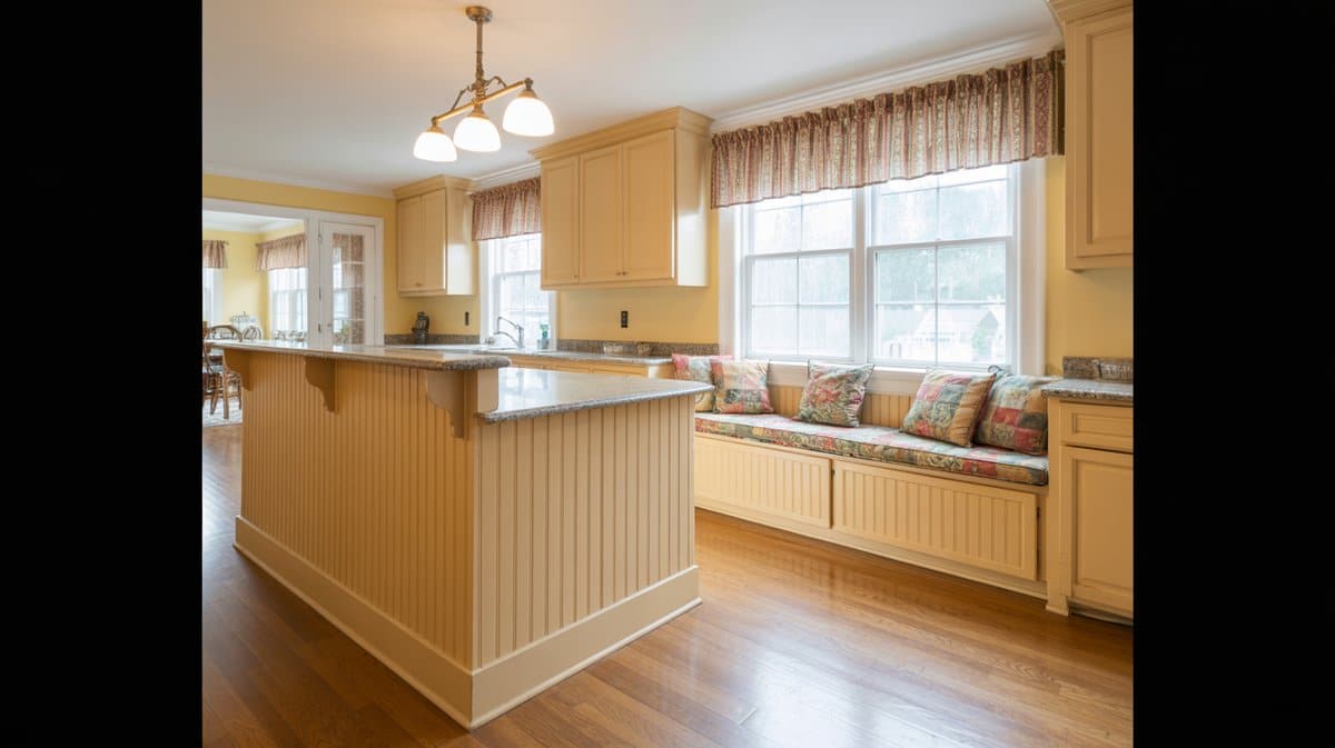 Butter yellow cottage kitchen with beadboard peninsula and built-in window bench seat with colorful floral cushions