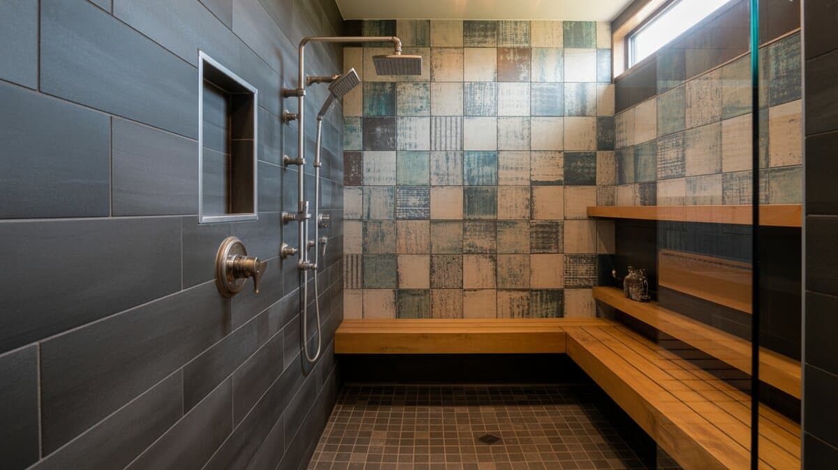 Industrial walk-in shower with distressed artistic tile feature wall and full-width natural wood plank bench