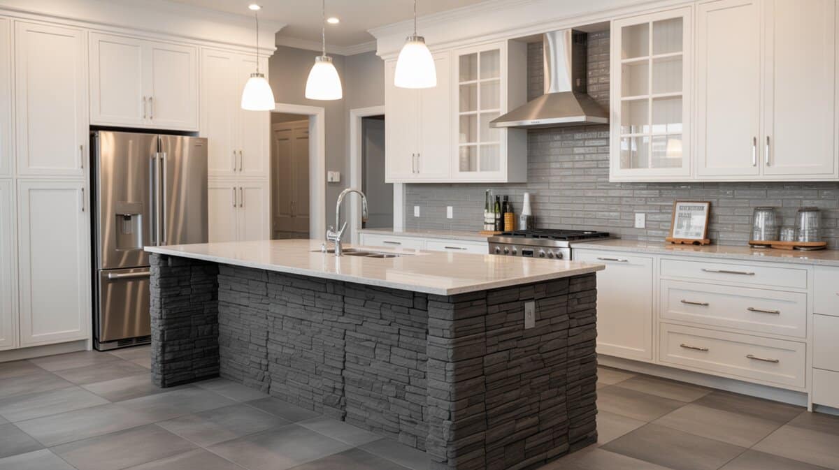 Bright kitchen with a dark charcoal stacked stone island and white shaker cabinets