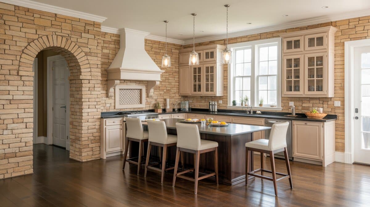 Cream stacked stone kitchen walls with arched doorway, dark espresso island, and white stools
