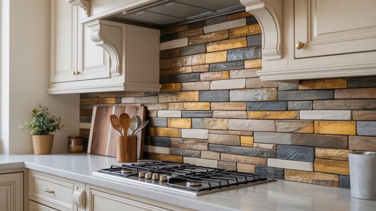 Multicolor gold and gray stacked stone kitchen backsplash behind a gas cooktop