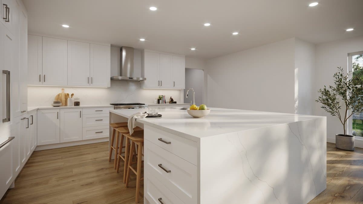 White MDF cabinets and a quartz island with drawers lit by recessed lighting