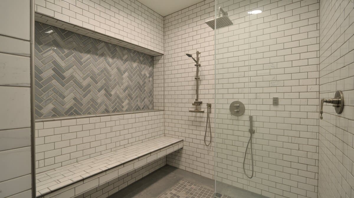 Spacious walk-in shower with marble subway tiles, herringbone mosaic accent wall, and floating built-in bench