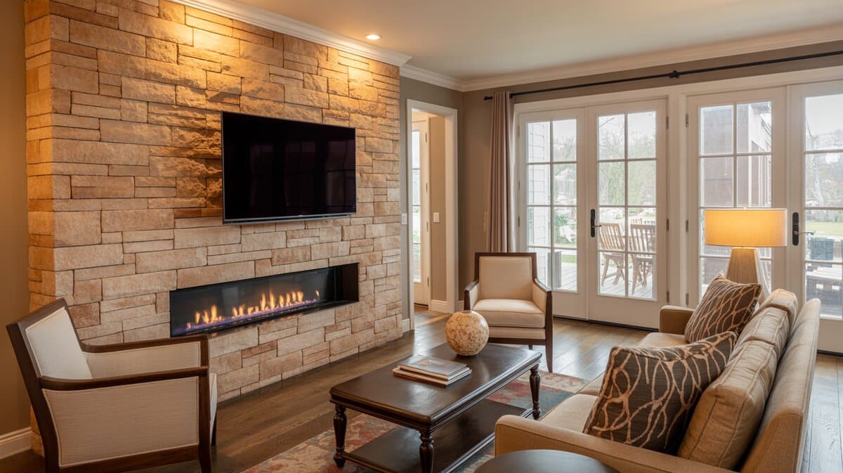 Living room with warm tan stacked stone accent wall, linear fireplace, and mounted TV