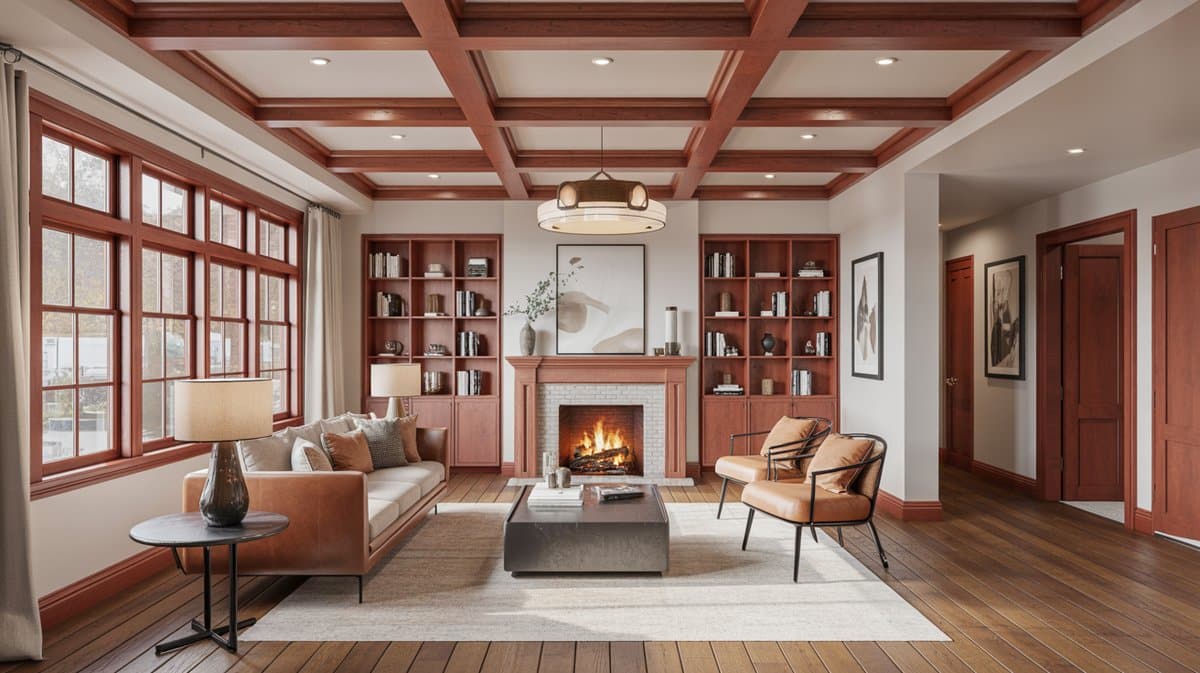 Living room with reddish wood box beams, brick fireplace and built in bookcases