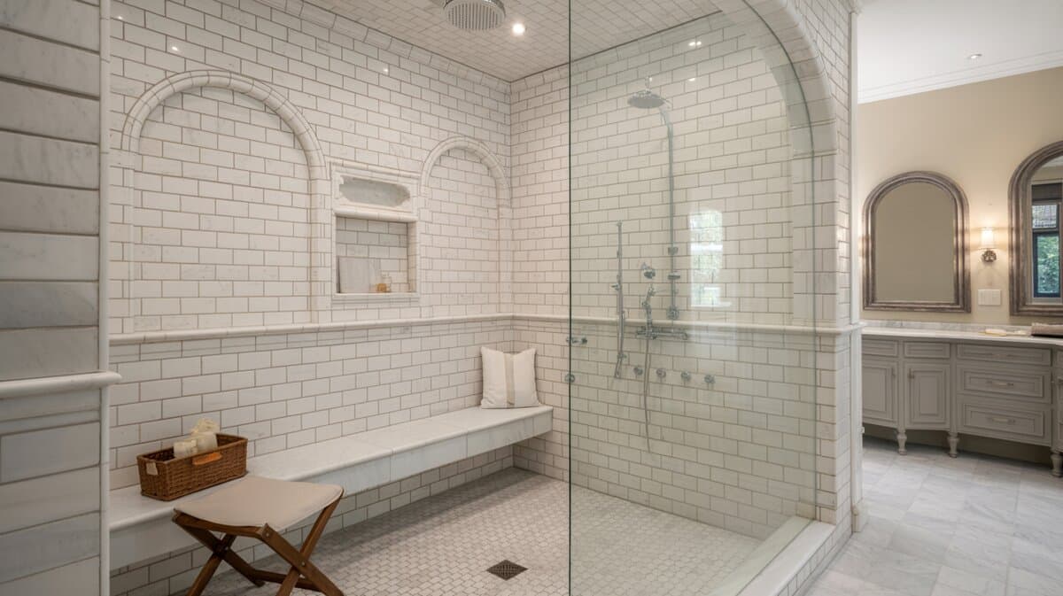 Large luxury walk-in shower with arched glass door, Carrara marble bench, and portable wooden stool