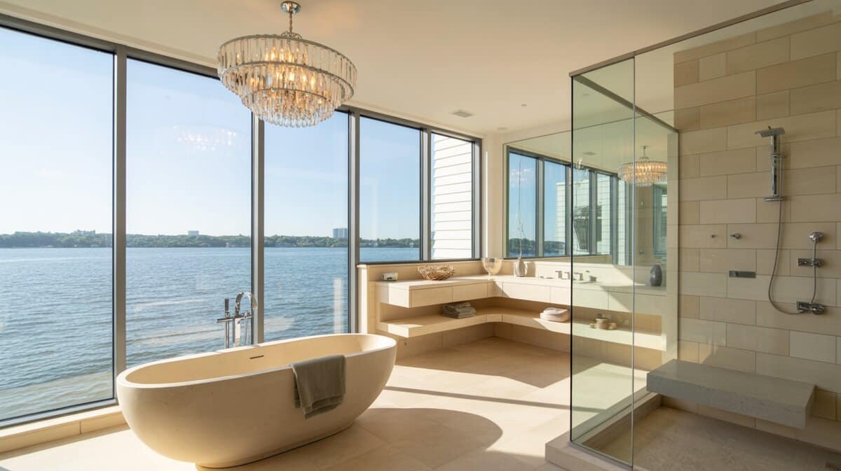 Luxury waterfront master bathroom with walk-in shower, concrete bench, and tiered crystal chandelier